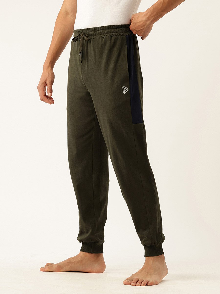 Men Olive Cotton Joggers with Side Panel