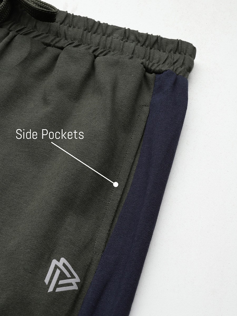 Men Olive Cotton Joggers with Side Panel