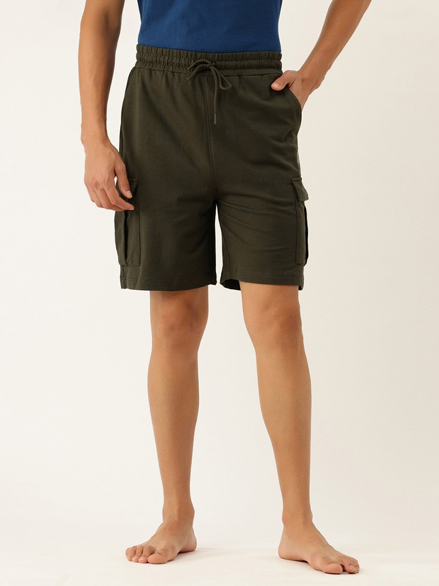 Men Green Cotton Cargo Shorts