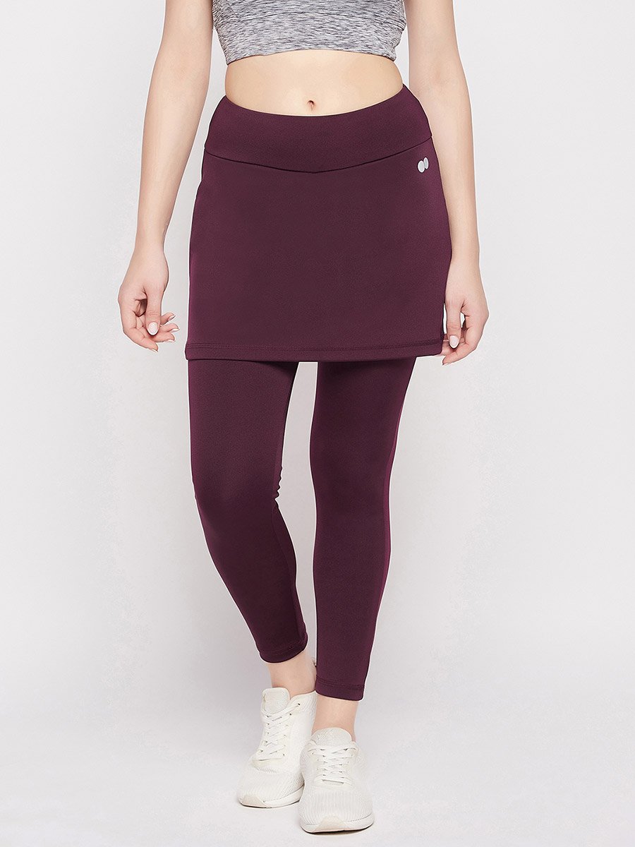 Maroon Snug Fit Active Skirt with Attached Tights