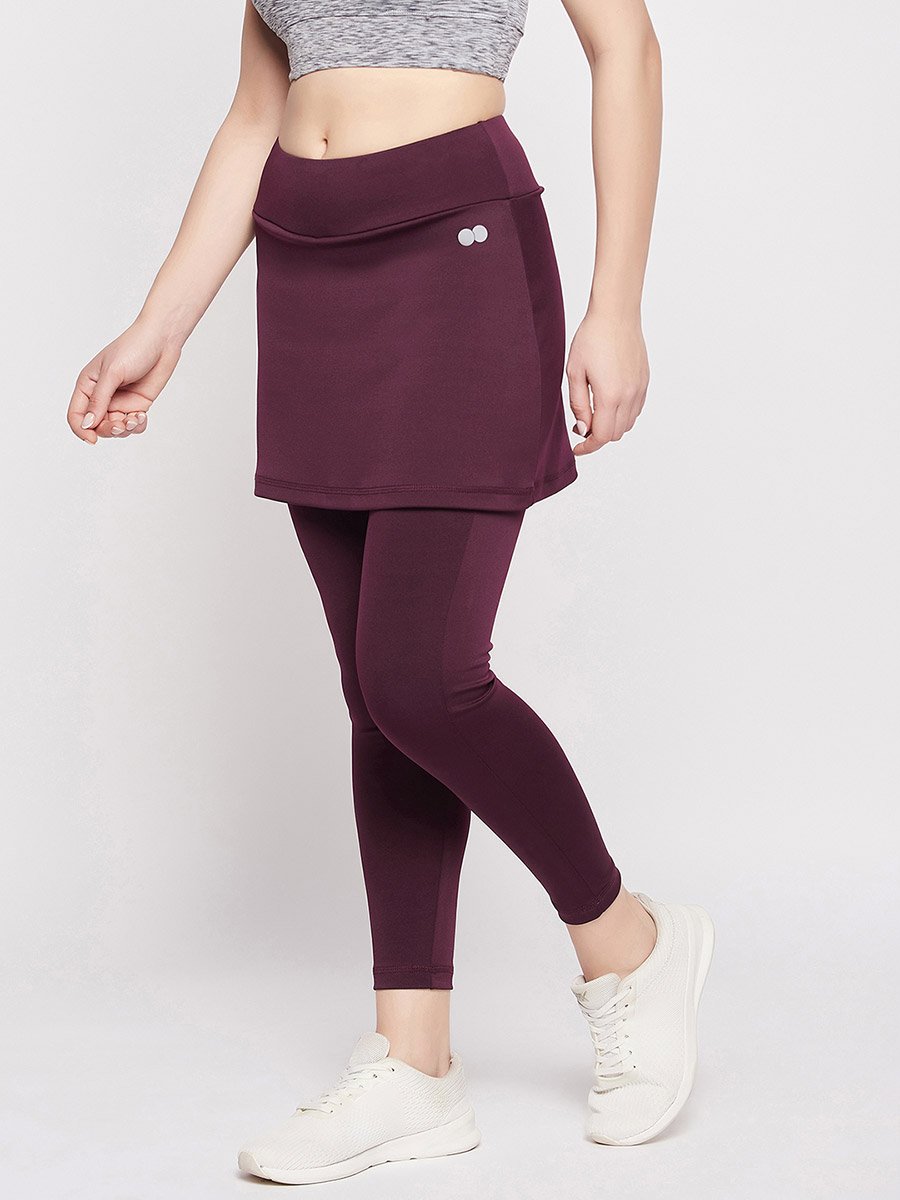 Maroon Snug Fit Active Skirt with Attached Tights
