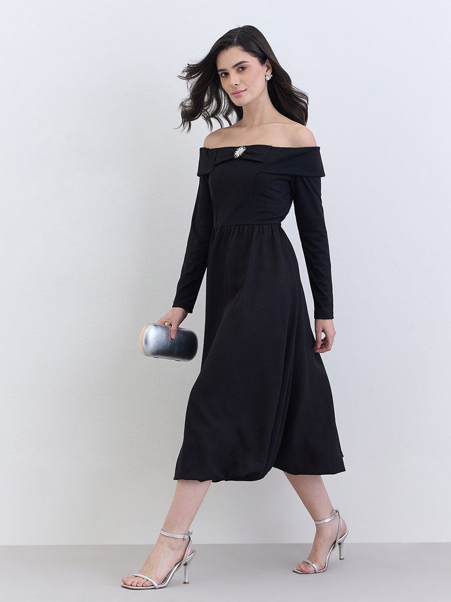 Women Black Off-Shoulder A-Line Midi Dress
