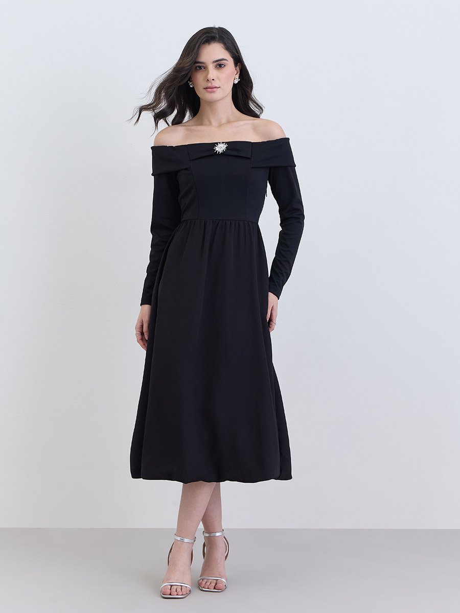 Women Black Off-Shoulder A-Line Midi Dress