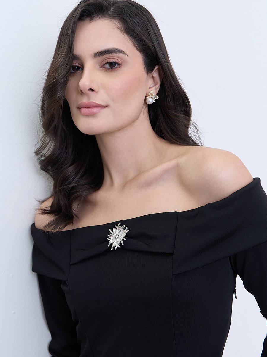 Women Black Off-Shoulder A-Line Midi Dress