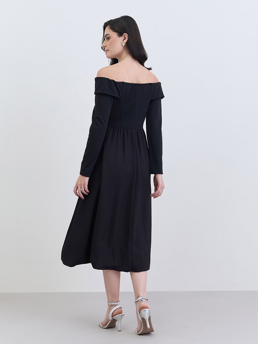 Women Black Off-Shoulder A-Line Midi Dress