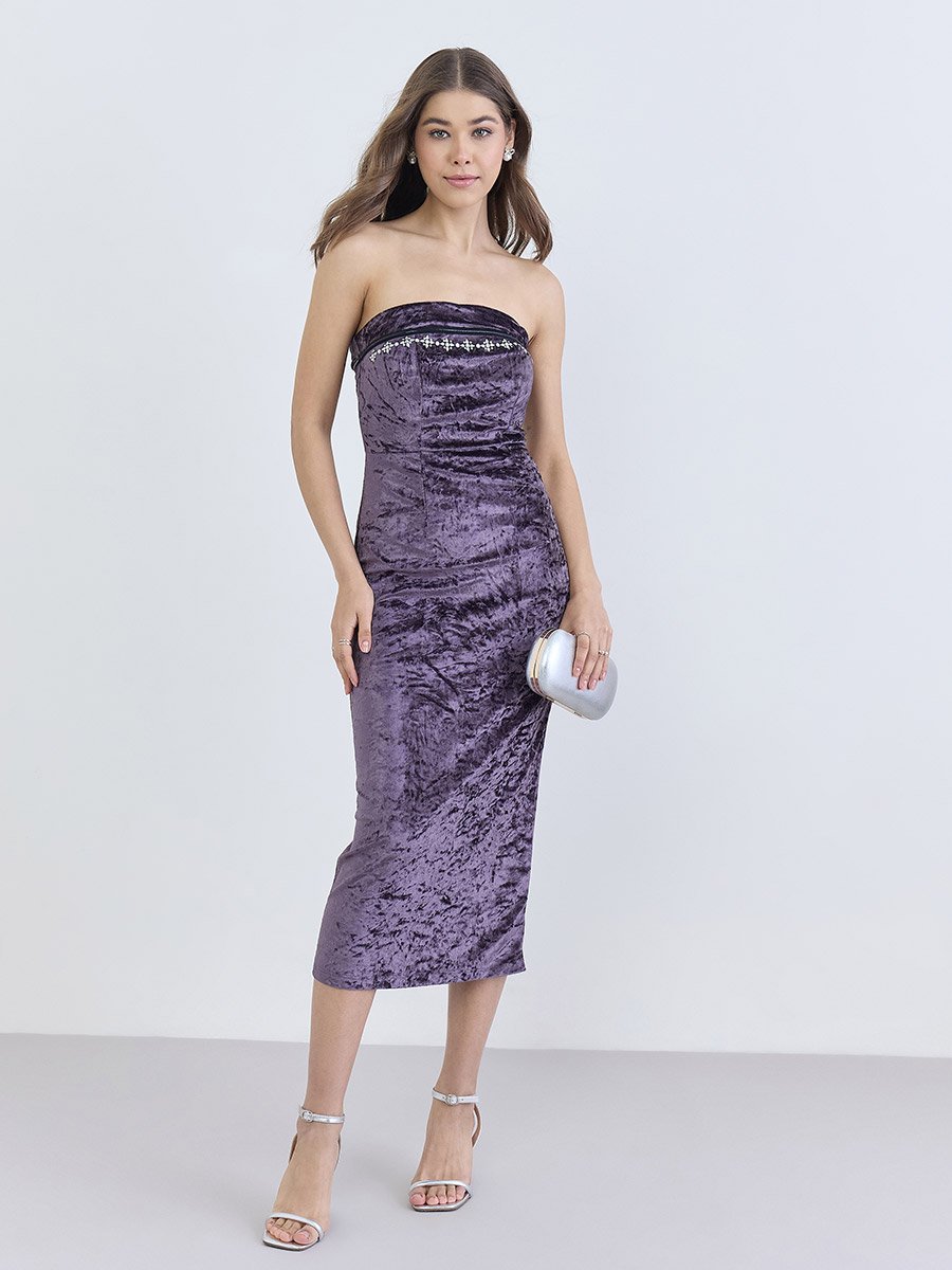 Women Embellished Bandeau Neck Sheath Midi Dress