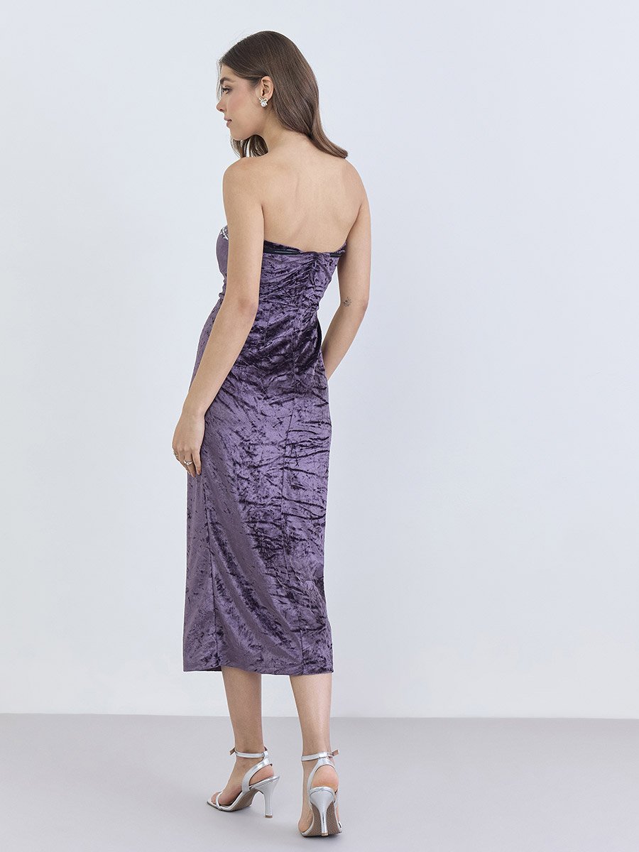Women Embellished Bandeau Neck Sheath Midi Dress