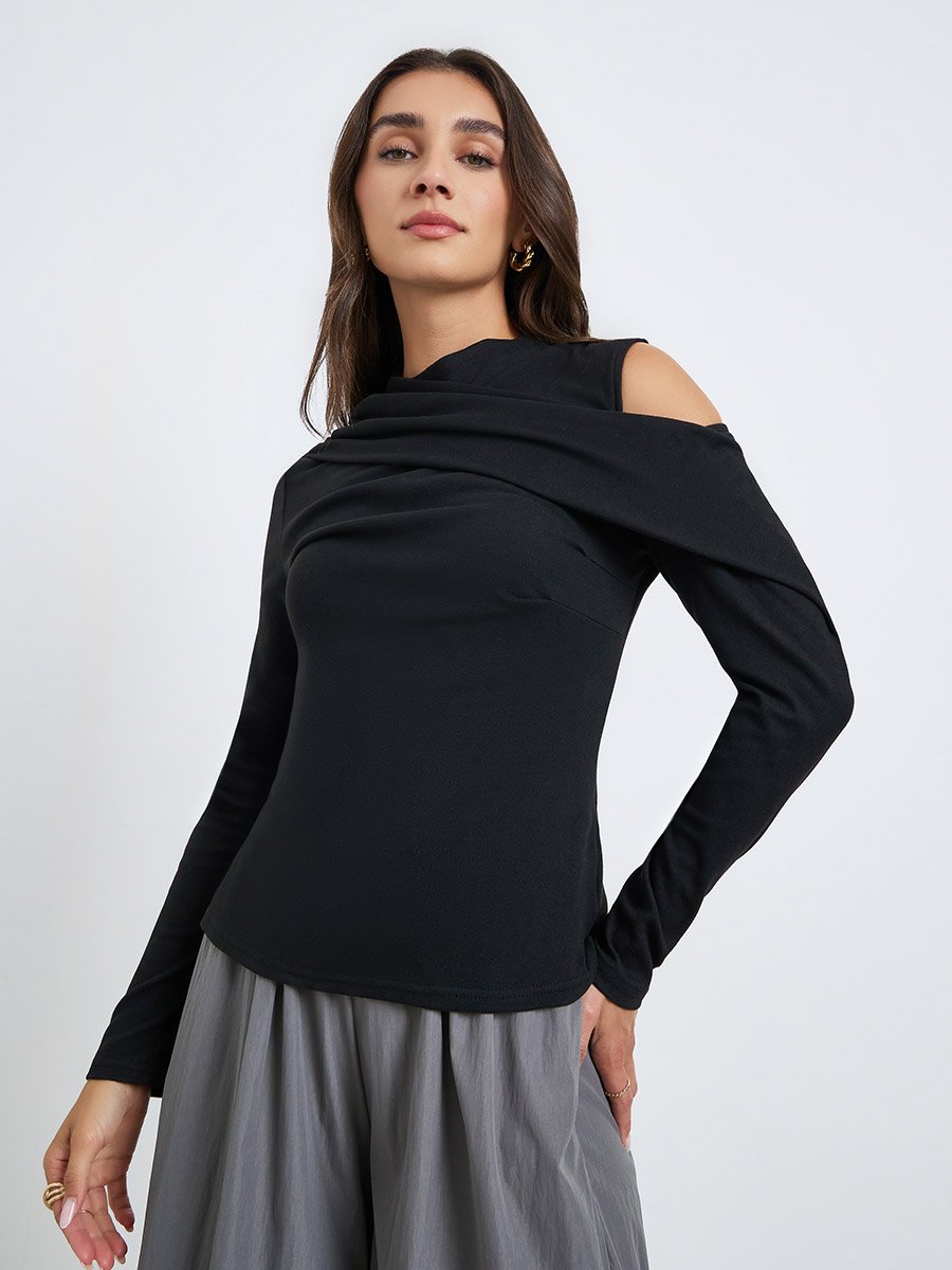 Women Asymmetric Drape Knit Top