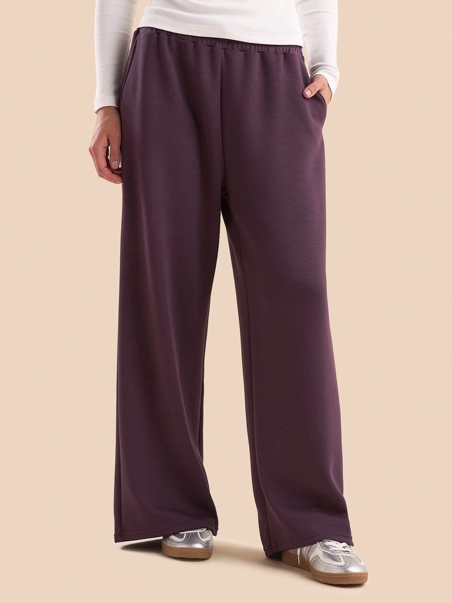 Plain Wide Leg Track Pants with Drawstring Closure