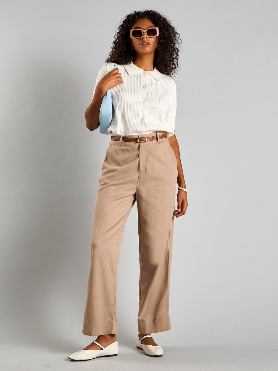 Belted Linen Blend Tapered Fit Pants
