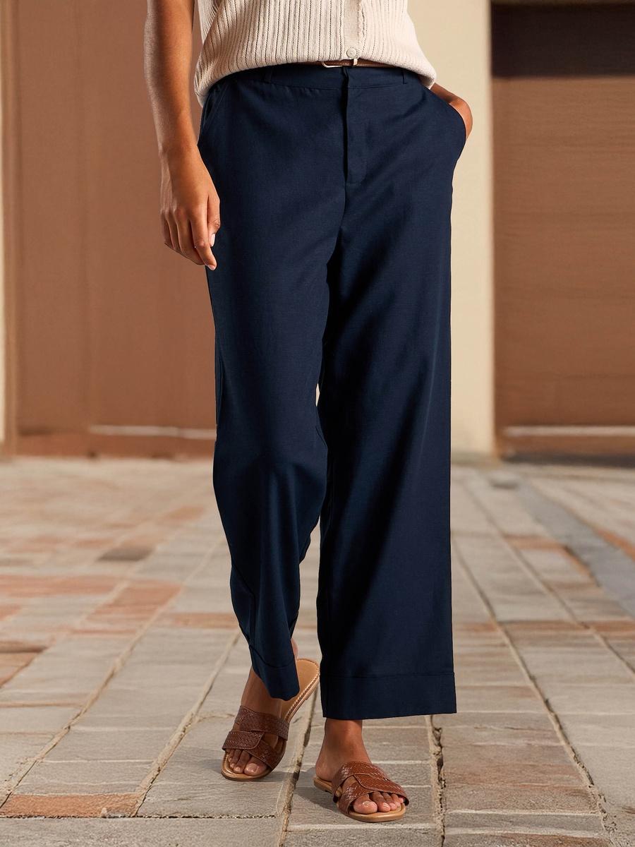 Belted Linen Blend Tapered Fit Pants