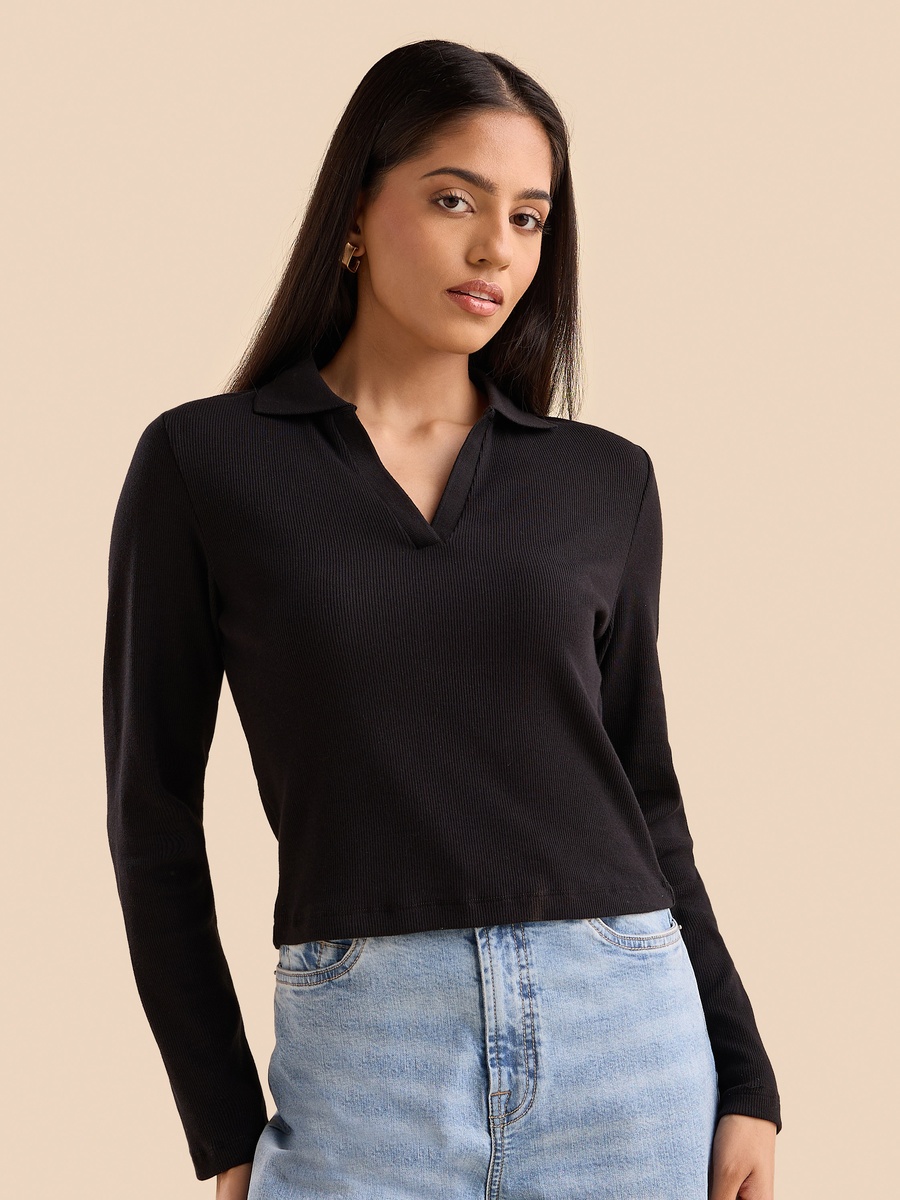 Ribbed Crop Polo T-Shirt