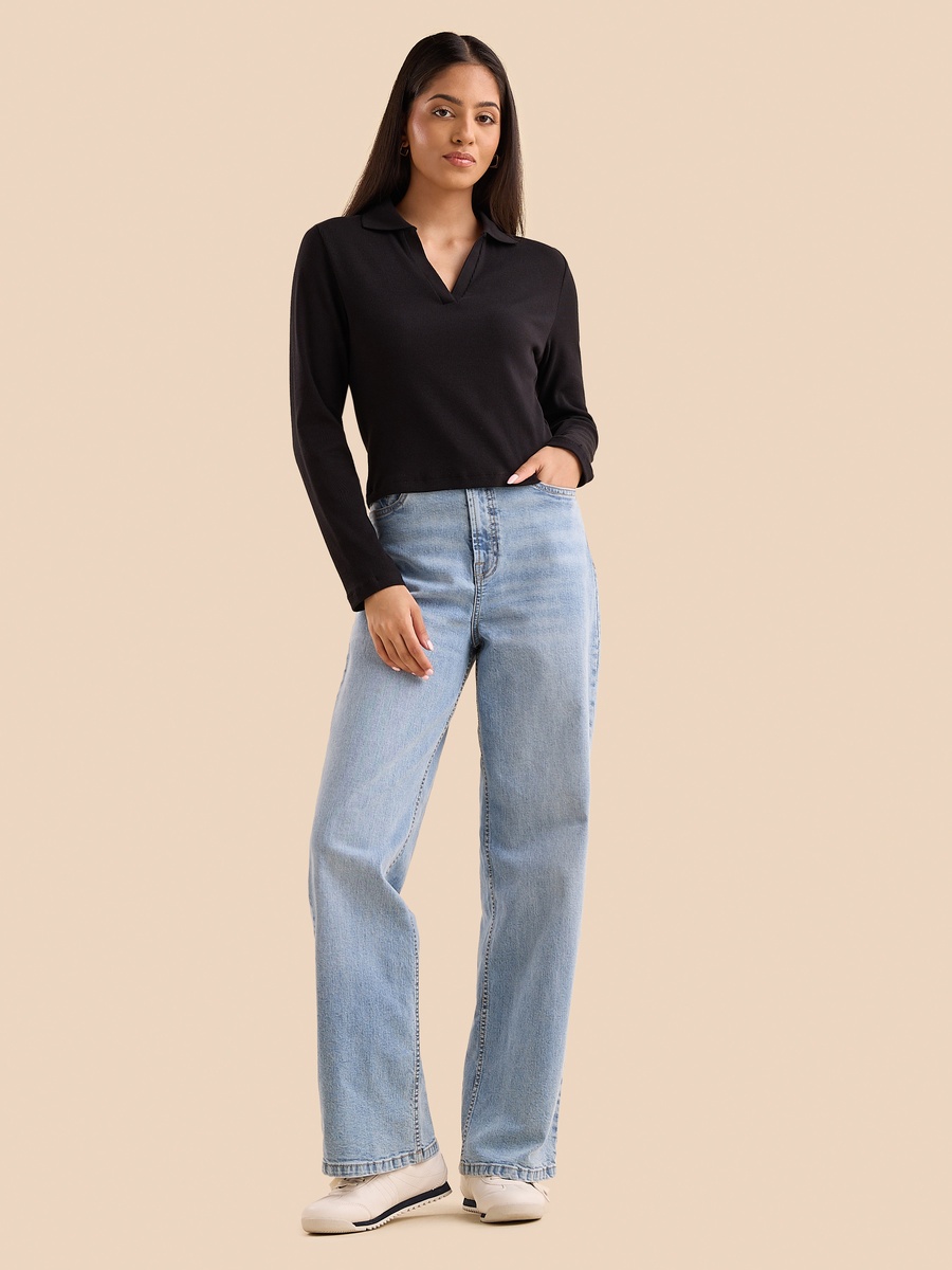 Ribbed Crop Polo T-Shirt