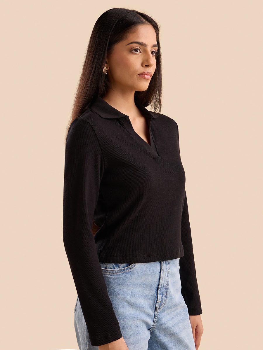 Ribbed Crop Polo T-Shirt