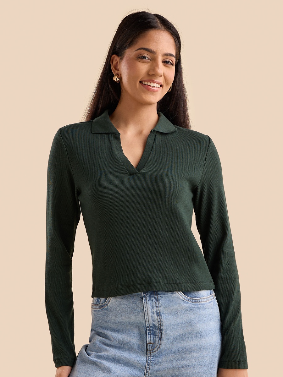 Ribbed Crop Polo T-Shirt