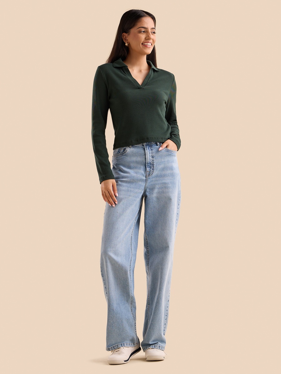 Ribbed Crop Polo T-Shirt