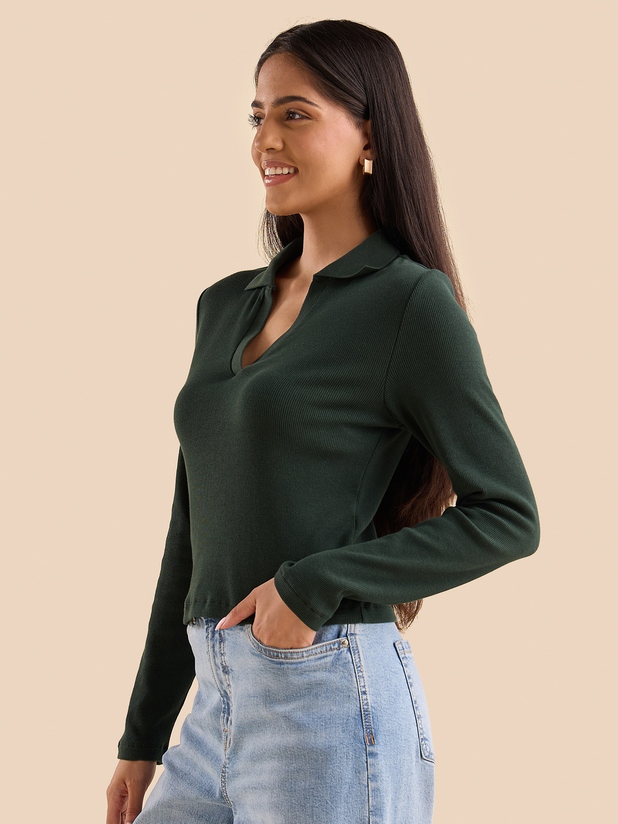 Ribbed Crop Polo T-Shirt