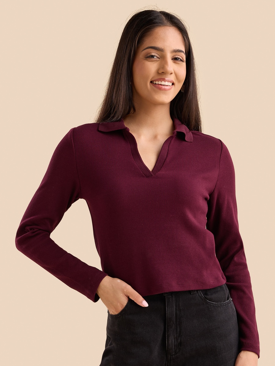 Ribbed Crop Polo T-Shirt