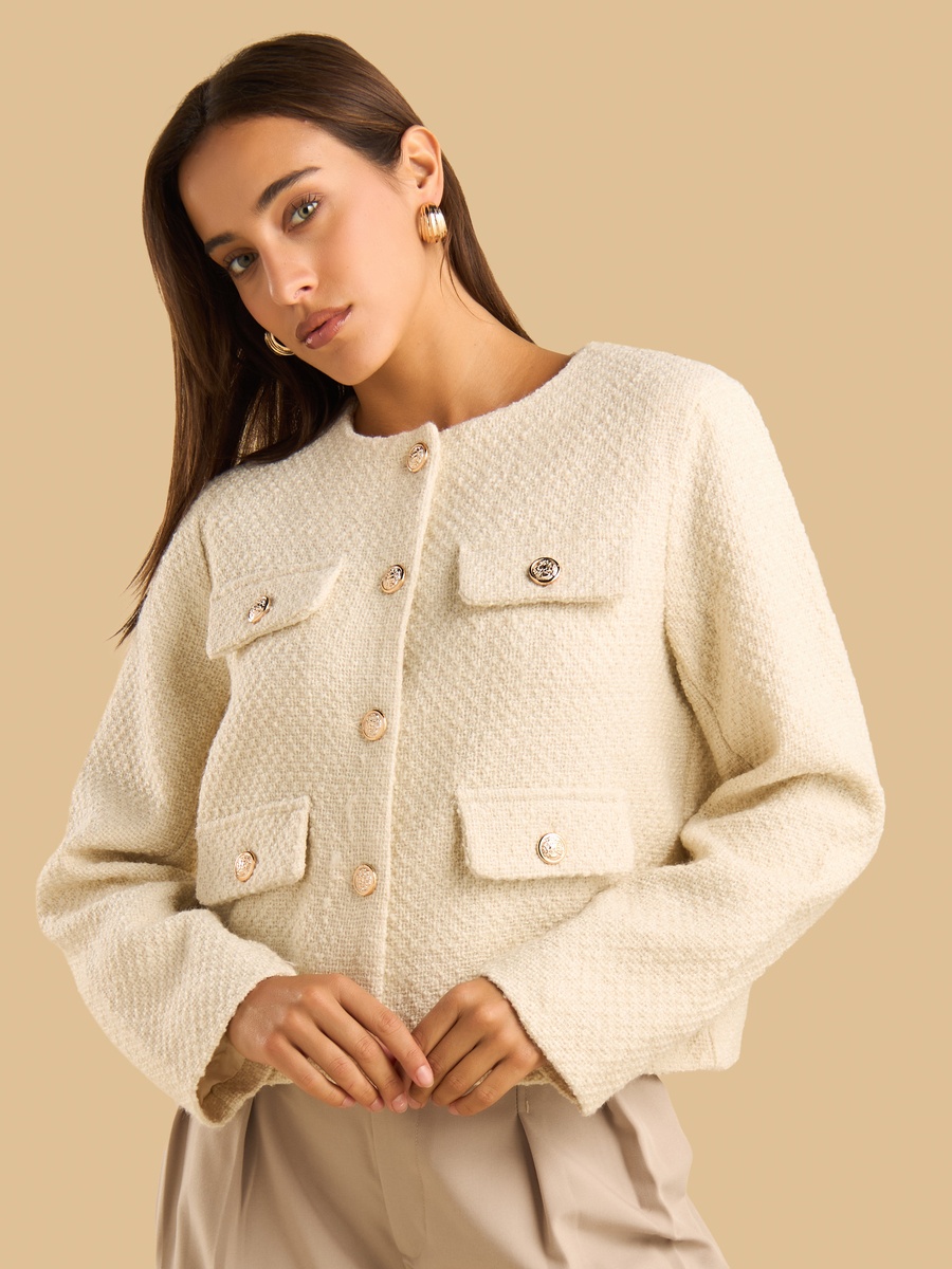 Front Button Crop Jacket with Pockets