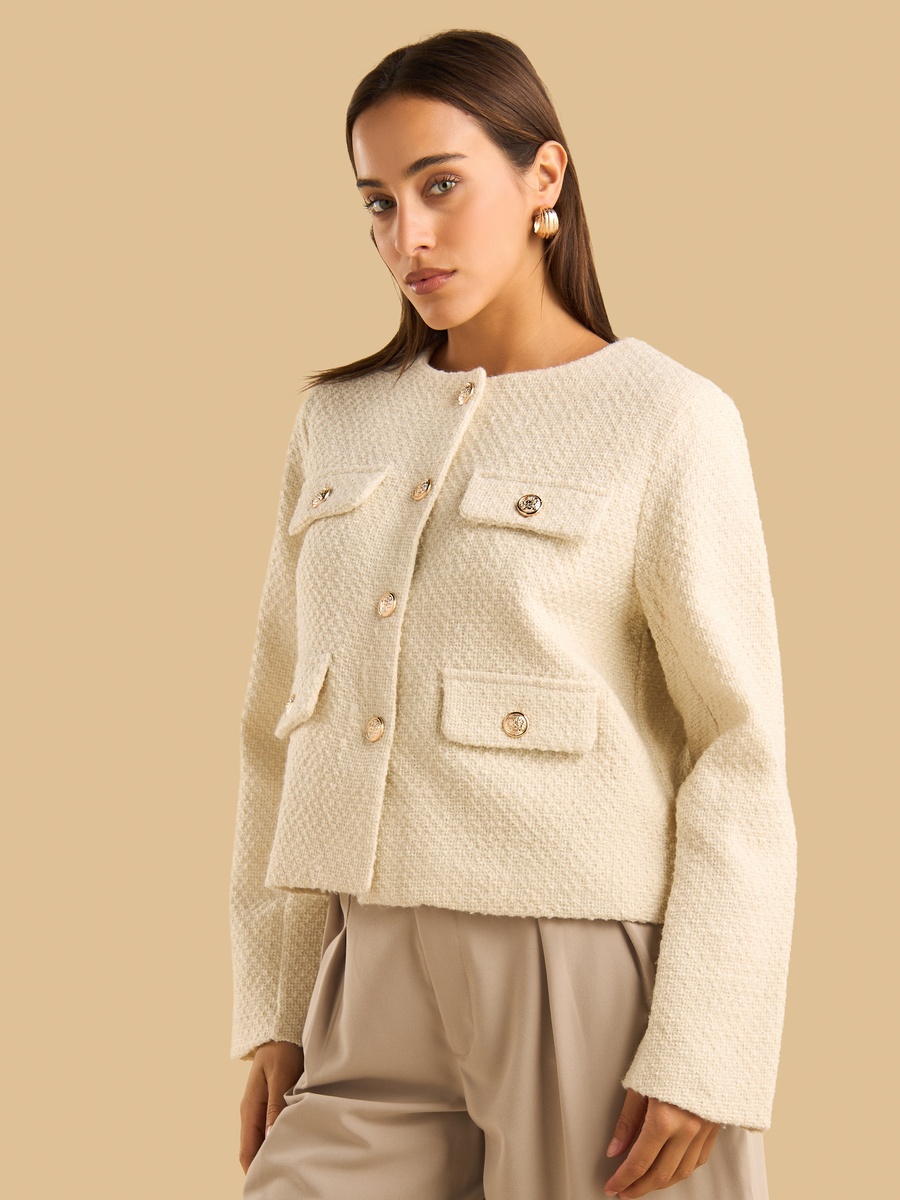 Front Button Crop Jacket with Pockets
