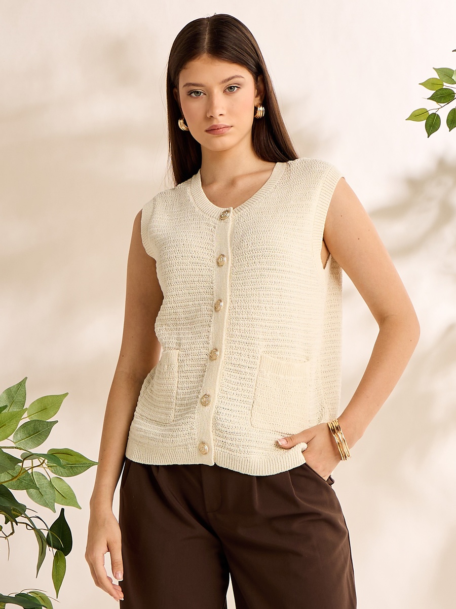 Textured Sleeveless Button Through Cardigan