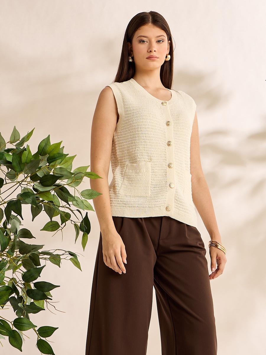 Textured Sleeveless Button Through Cardigan