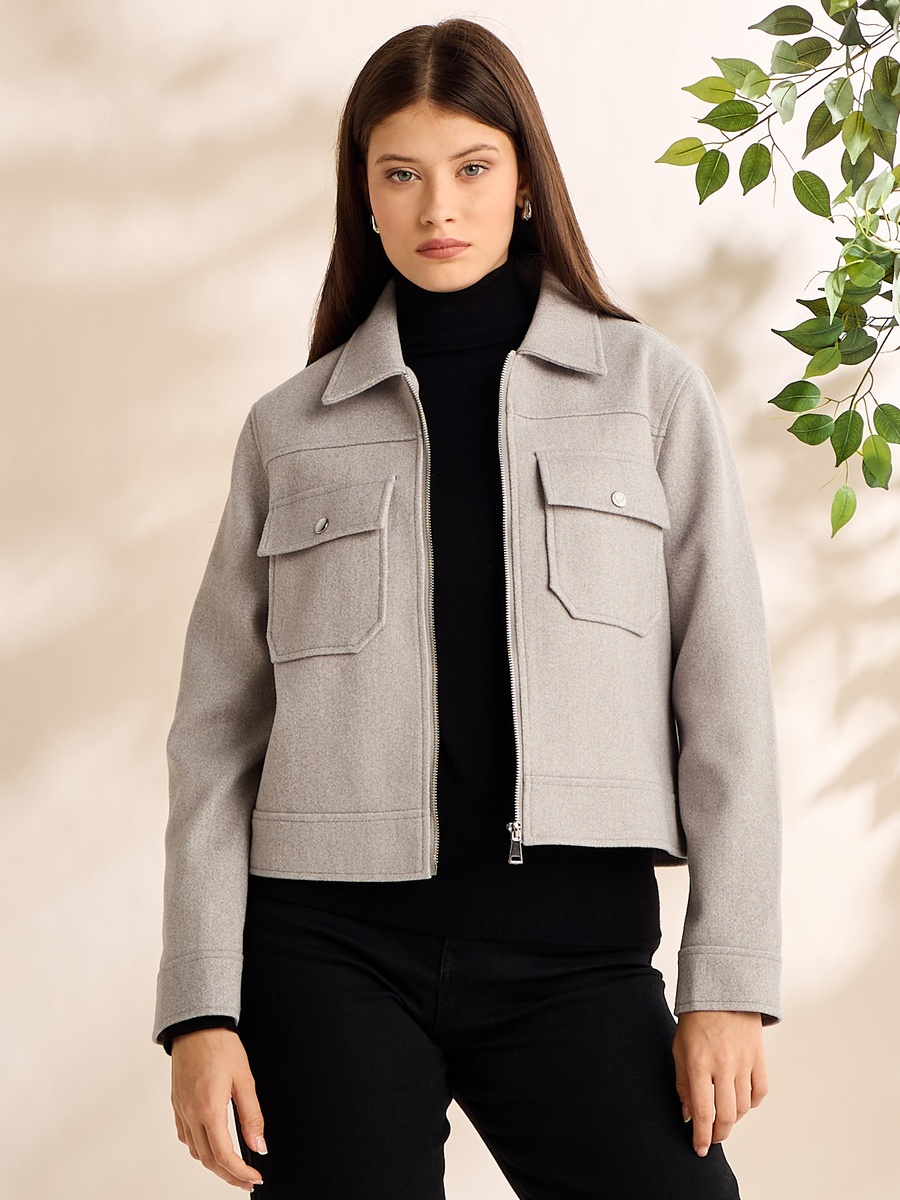 Cropped Zip Through Melton Jacket For Women at Kuwait | Styli