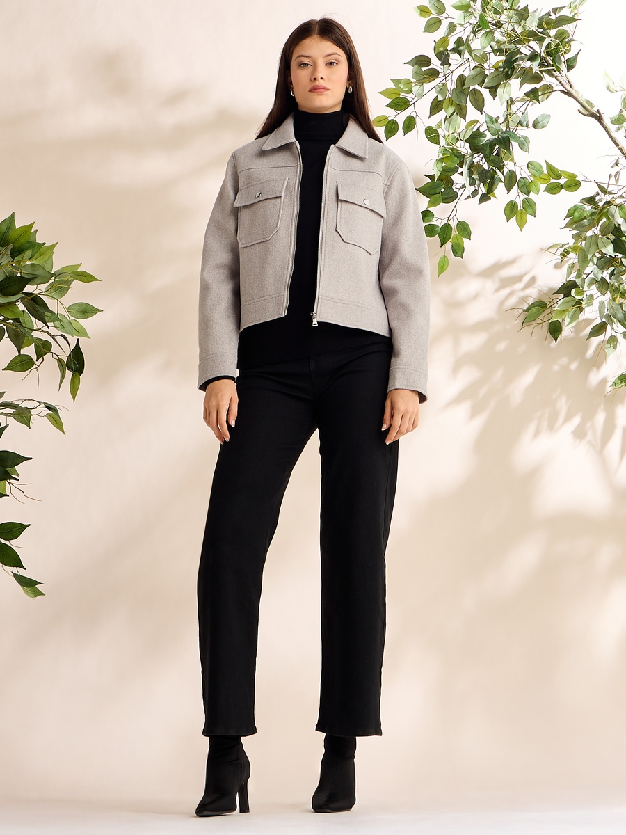 Cropped Zip Through Melton Jacket For Women at Kuwait | Styli