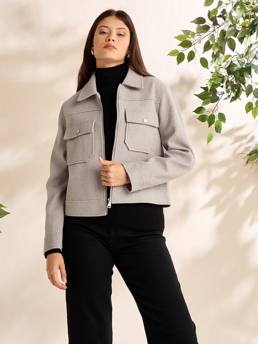 Cropped Zip Through Melton Jacket For Women at Kuwait | Styli