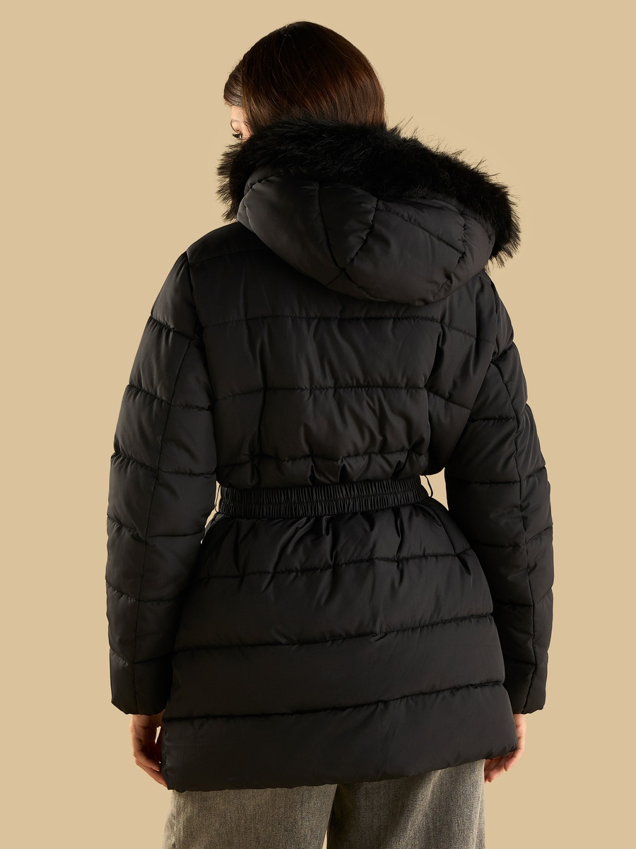 Plain Belted Puffer Jacket with Hood