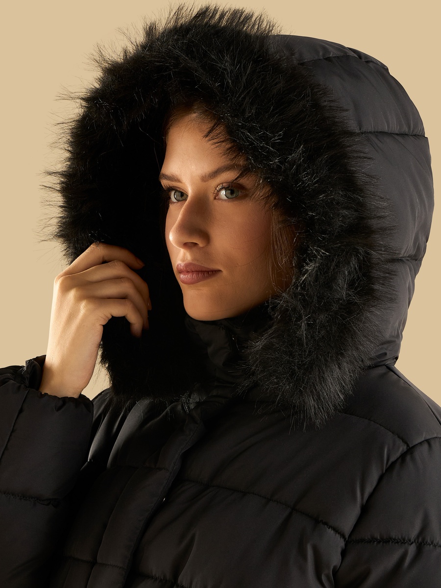 Plain Belted Puffer Jacket with Hood