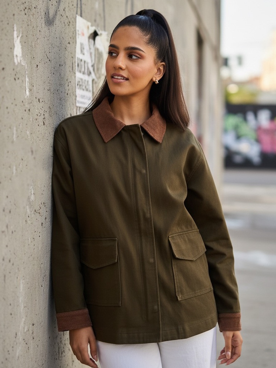 Jacket with Contrast Collar and Sleeve Cuffs