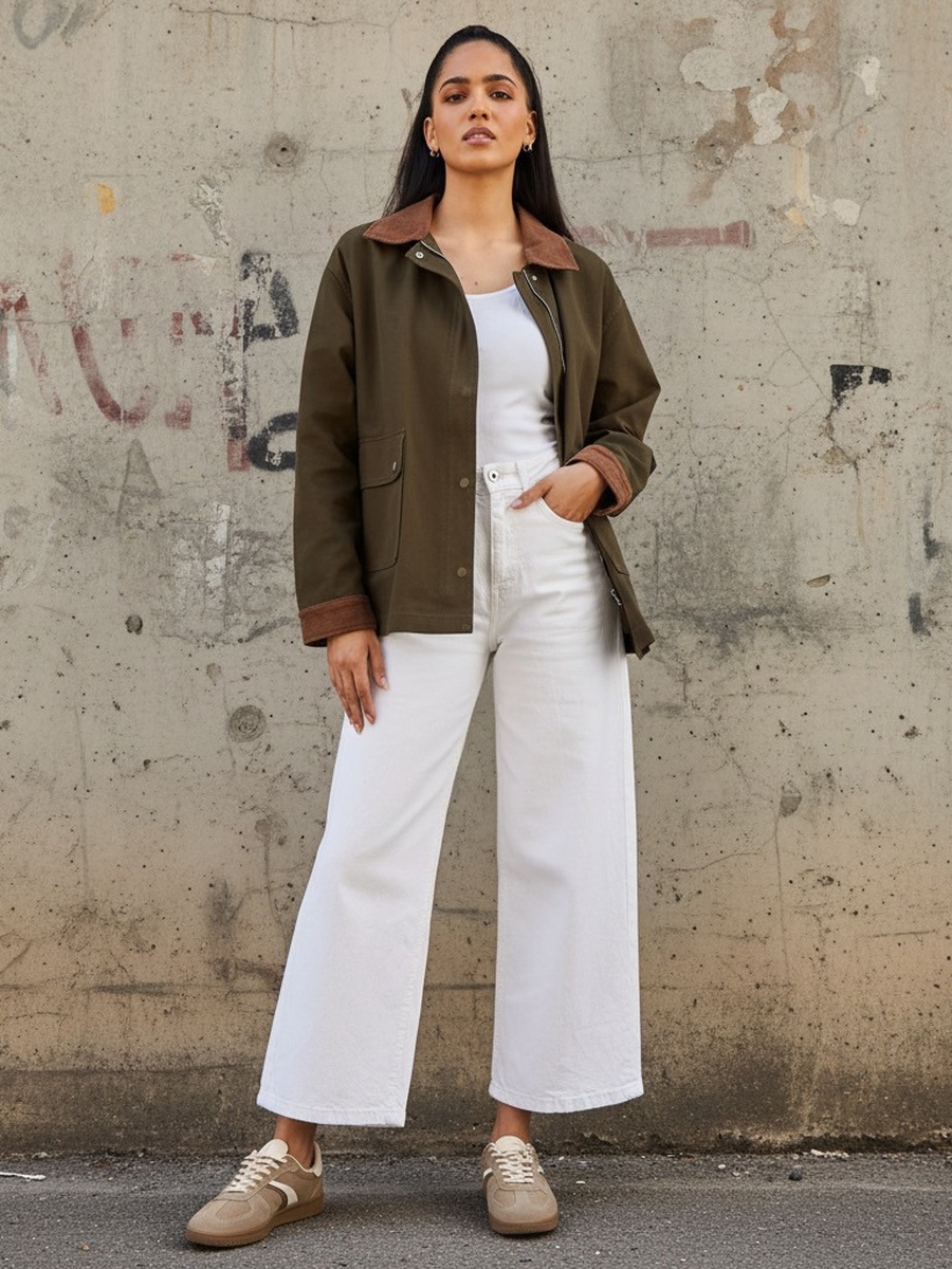 Jacket with Contrast Collar and Sleeve Cuffs