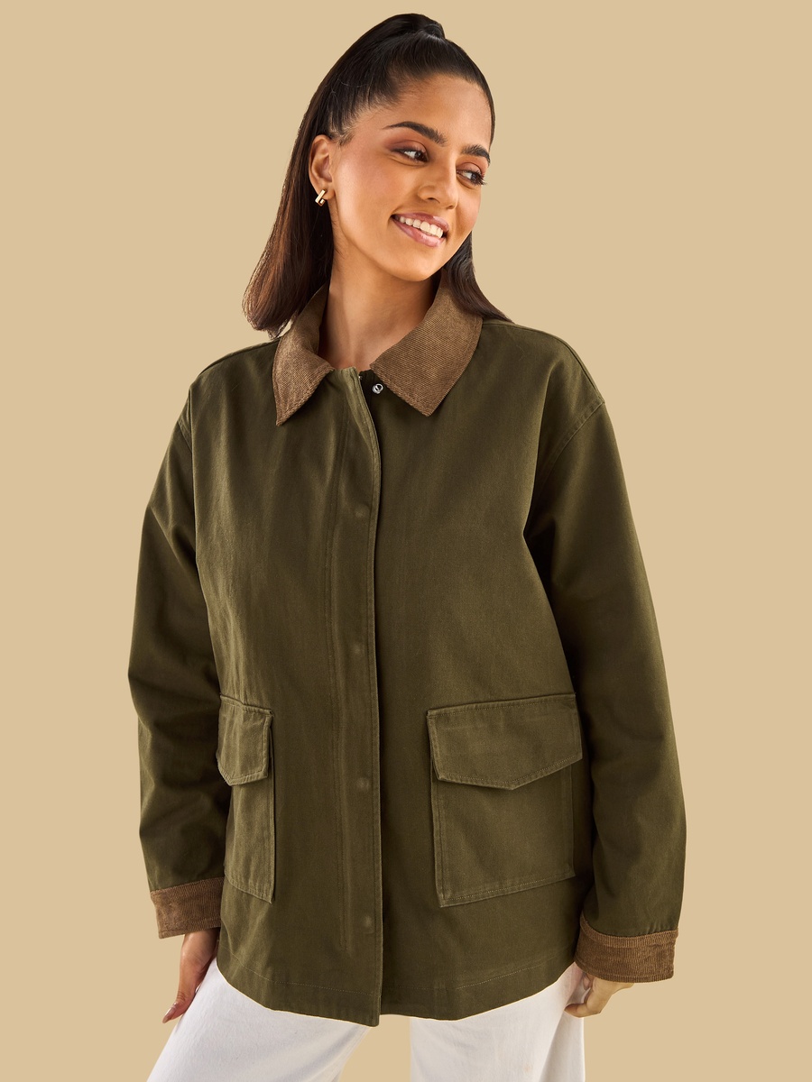 Jacket with Contrast Collar and Sleeve Cuffs