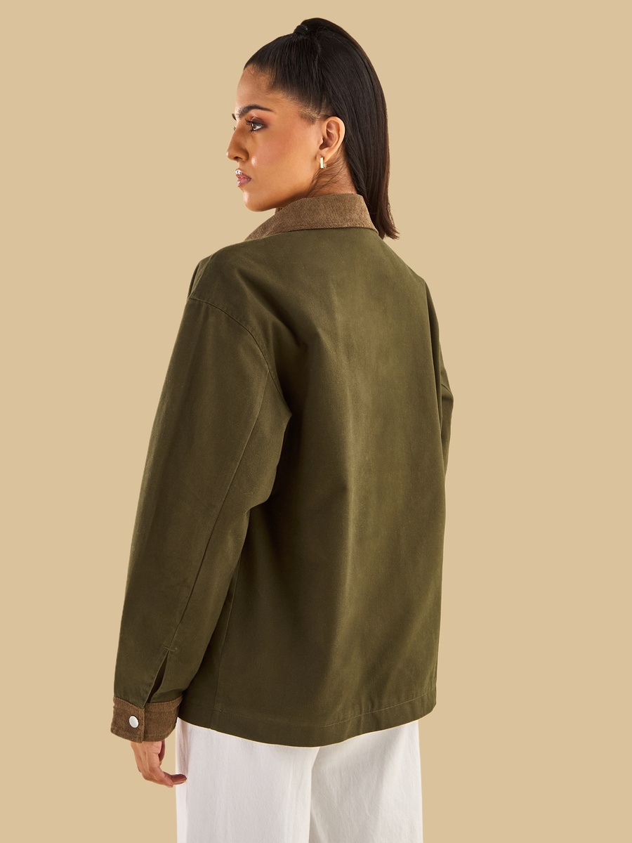 Jacket with Contrast Collar and Sleeve Cuffs