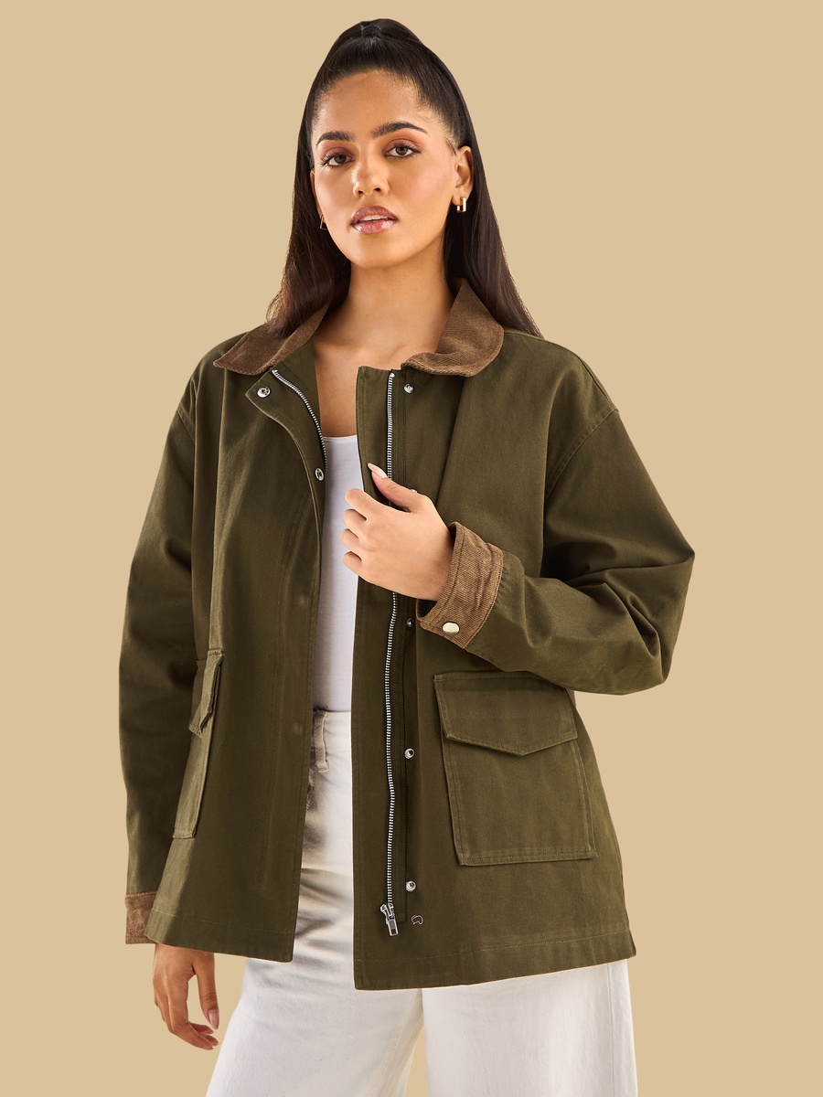 Jacket with Contrast Collar and Sleeve Cuffs