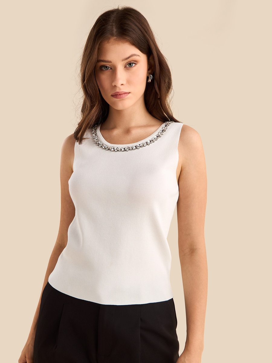 Embellished Neck Sleeveless Top