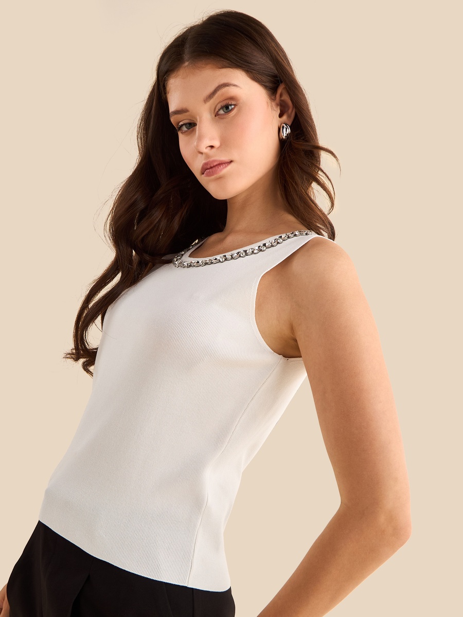Embellished Neck Sleeveless Top