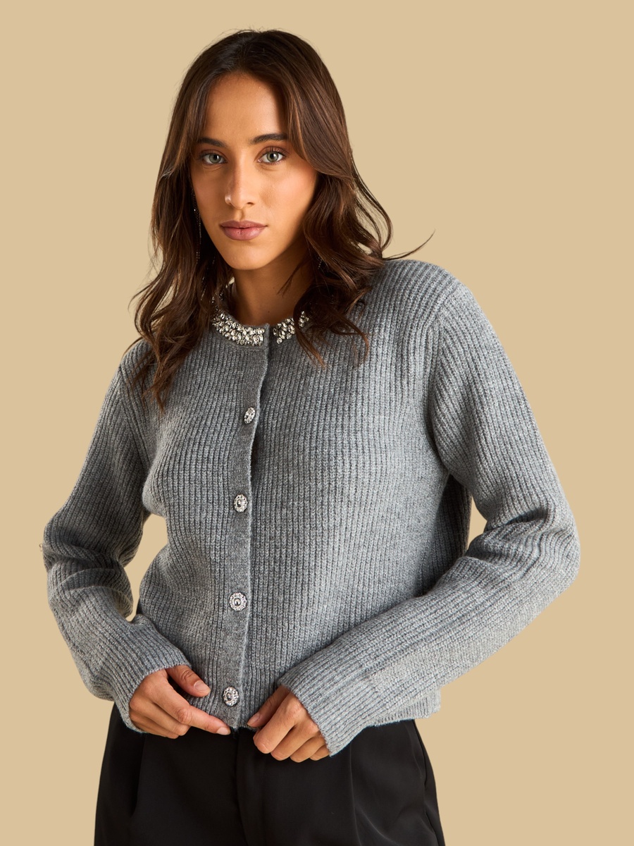 Embellished Button Front Sweater Cardigan