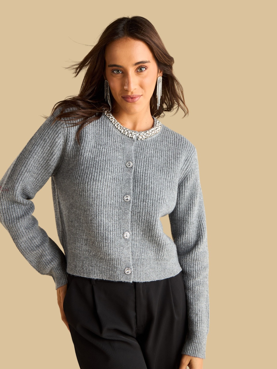 Embellished Button Front Sweater Cardigan