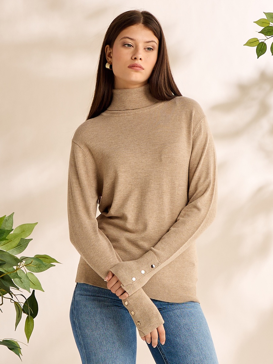 Plain Turtleneck Sweater with Button Accent