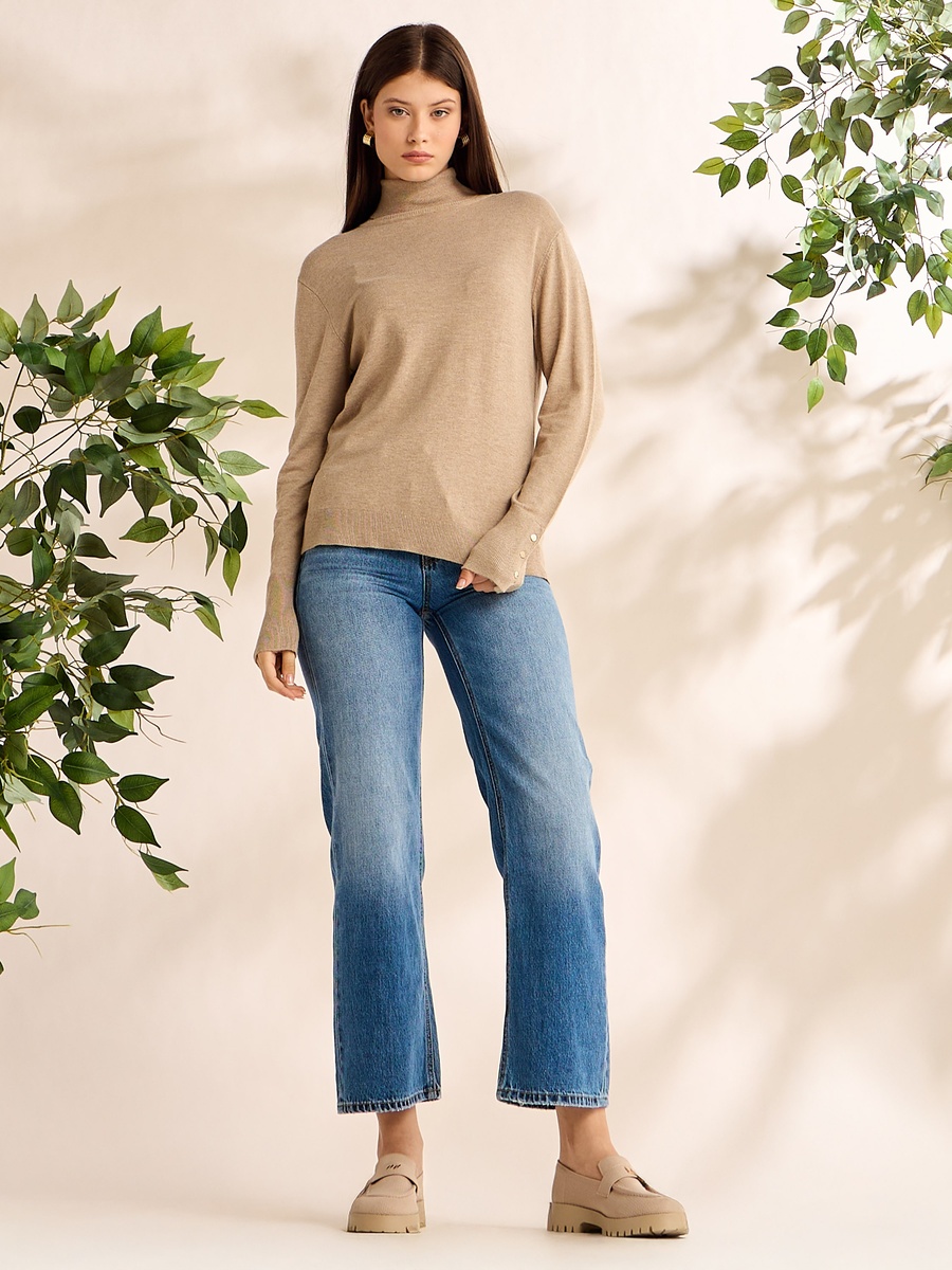 Plain Turtleneck Sweater with Button Accent