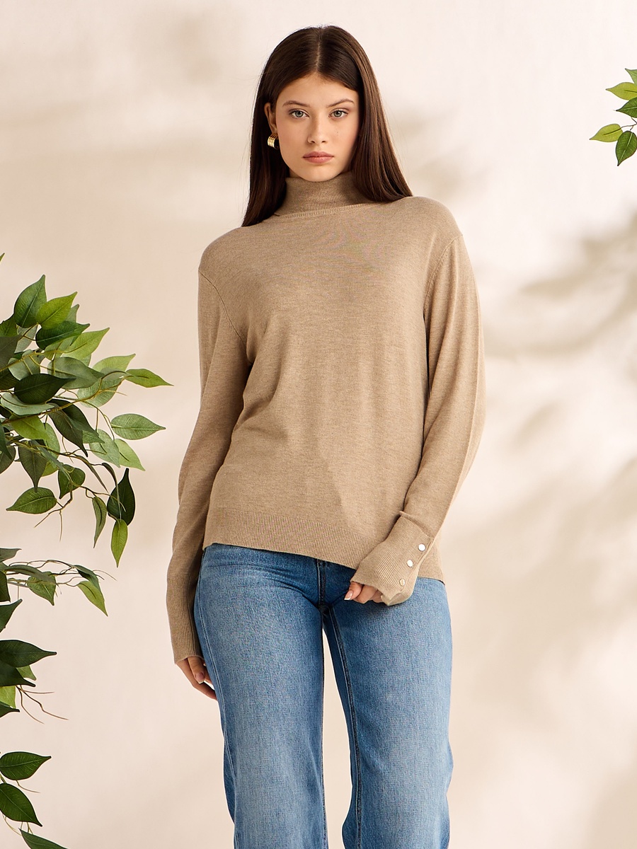 Plain Turtleneck Sweater with Button Accent