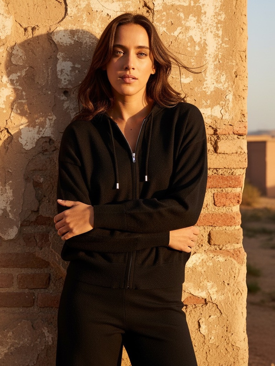 كارديجان أسود بسحاب وغطاء رأس