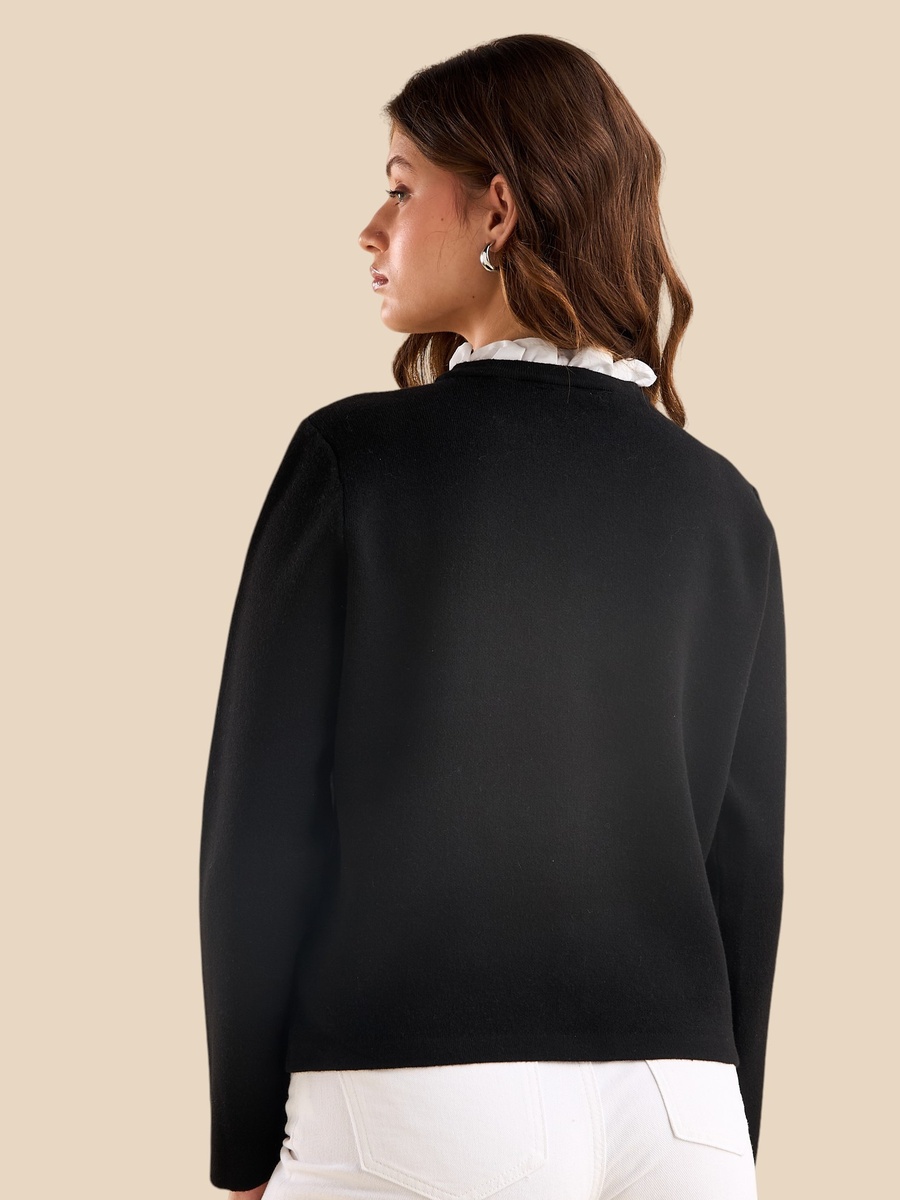 Ruffle Neck Twofer Cardigan with Pocket Detail