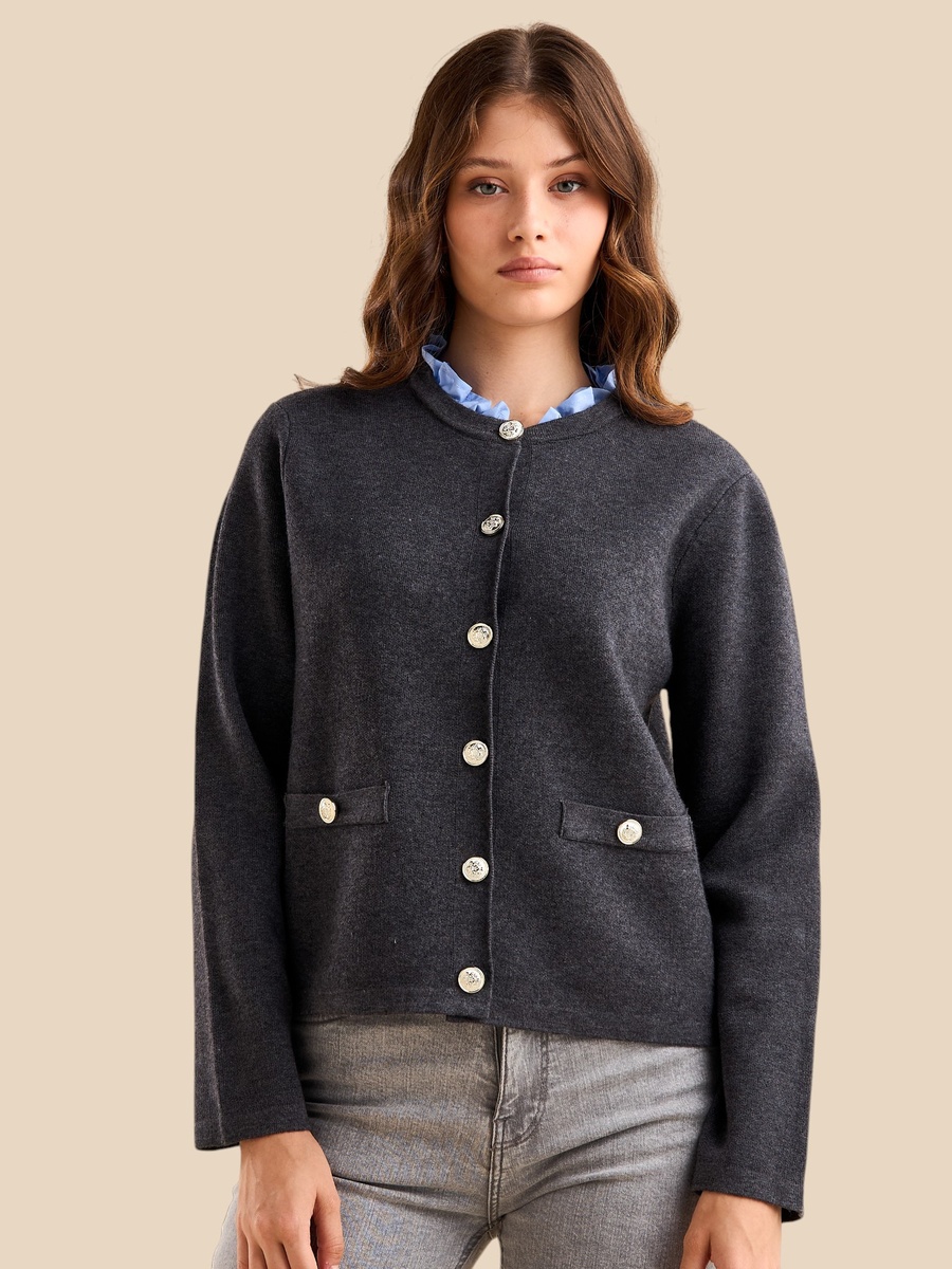 Ruffle Neck Twofer Cardigan with Pocket Detail