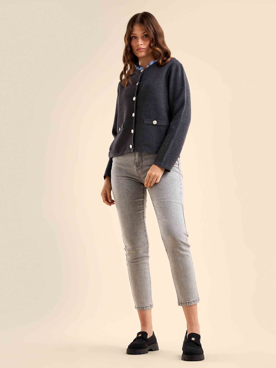 Ruffle Neck Twofer Cardigan with Pocket Detail
