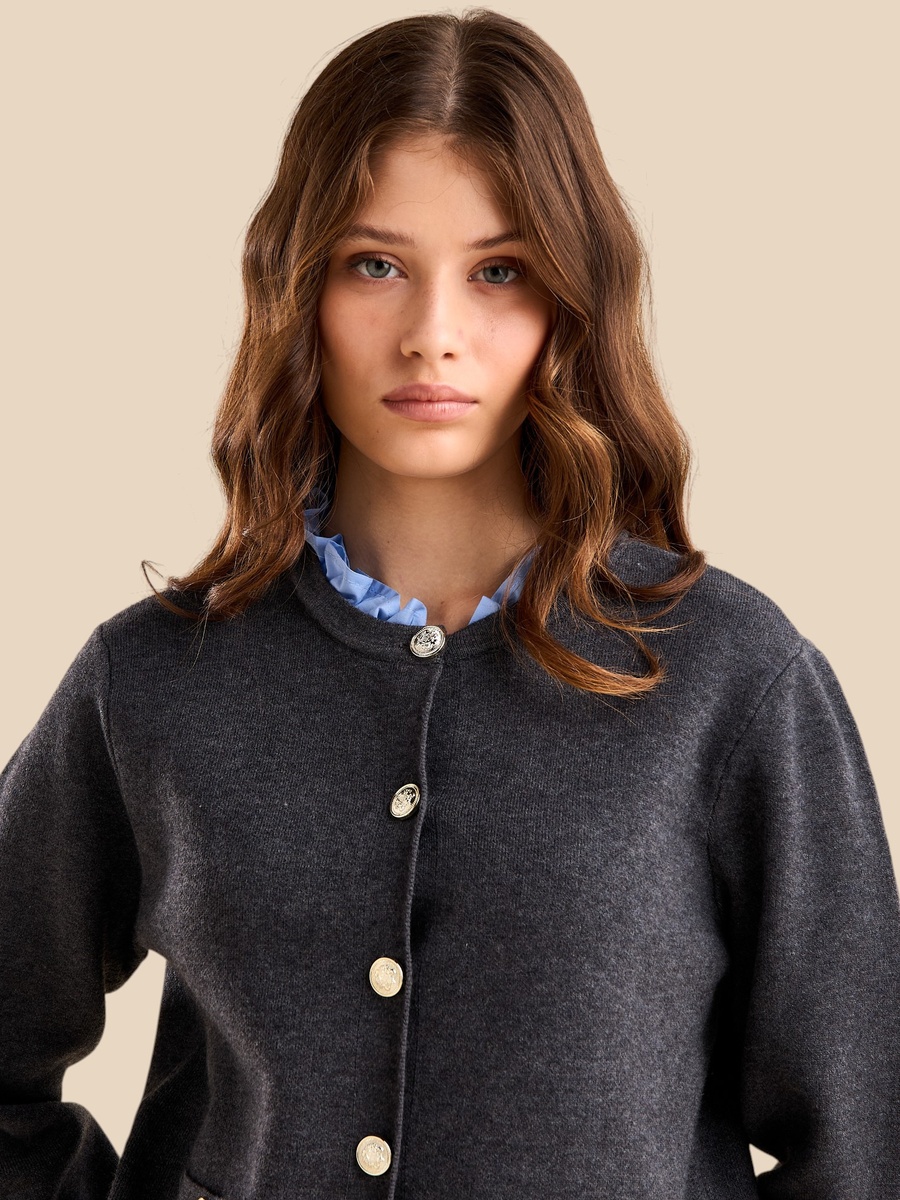 Ruffle Neck Twofer Cardigan with Pocket Detail
