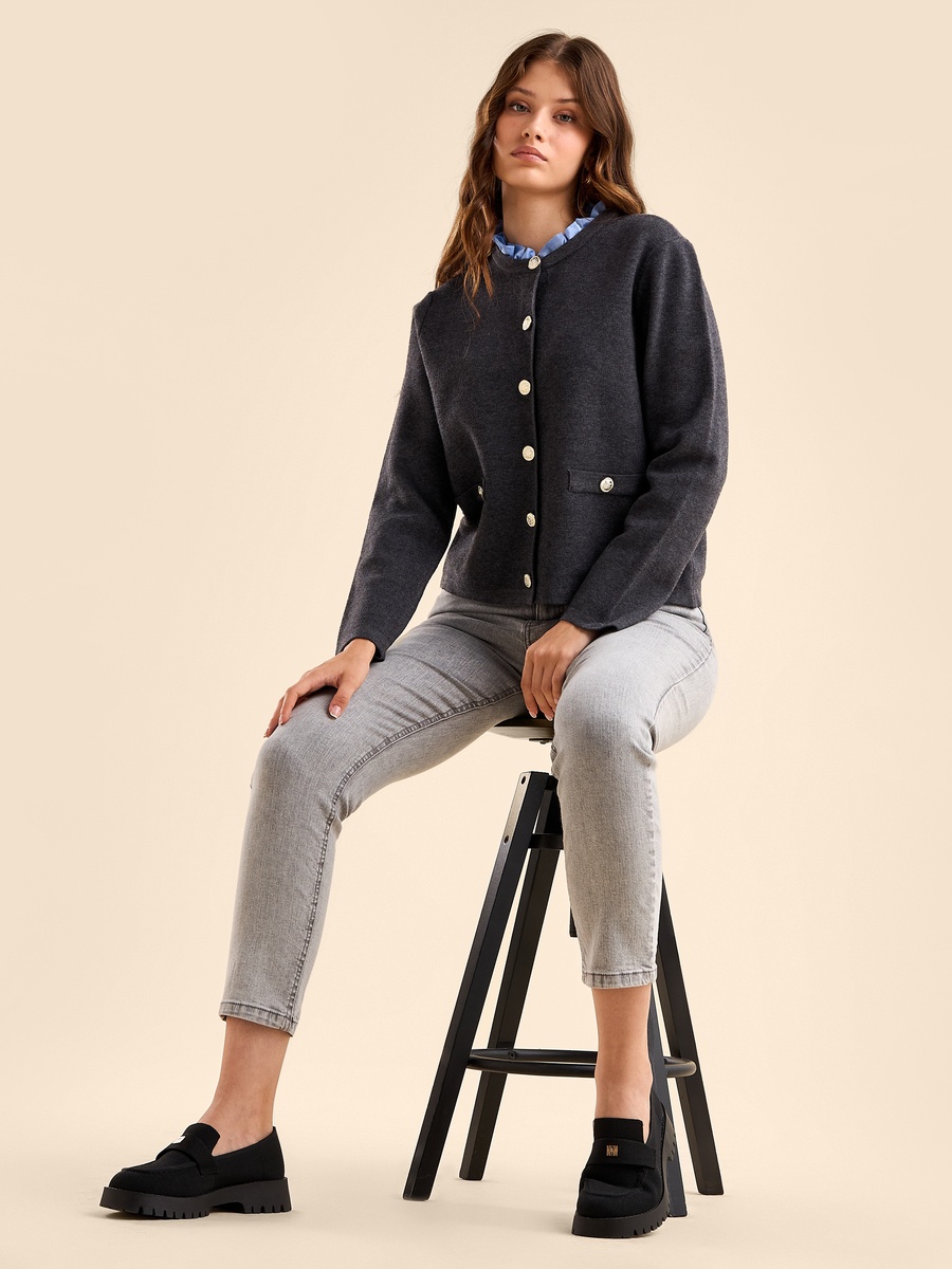 Ruffle Neck Twofer Cardigan with Pocket Detail