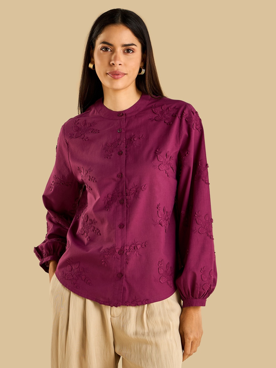 Embroidered Mandarin Collar Shirt